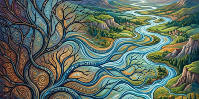 Stylized tree with names on branches blending into a winding river labeled with ancestry terms