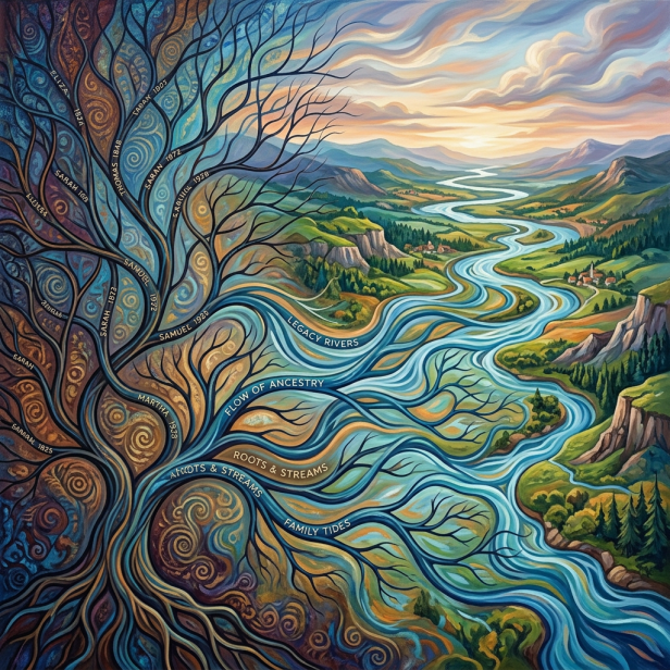 Stylized tree with names on branches blending into a winding river labeled with ancestry terms